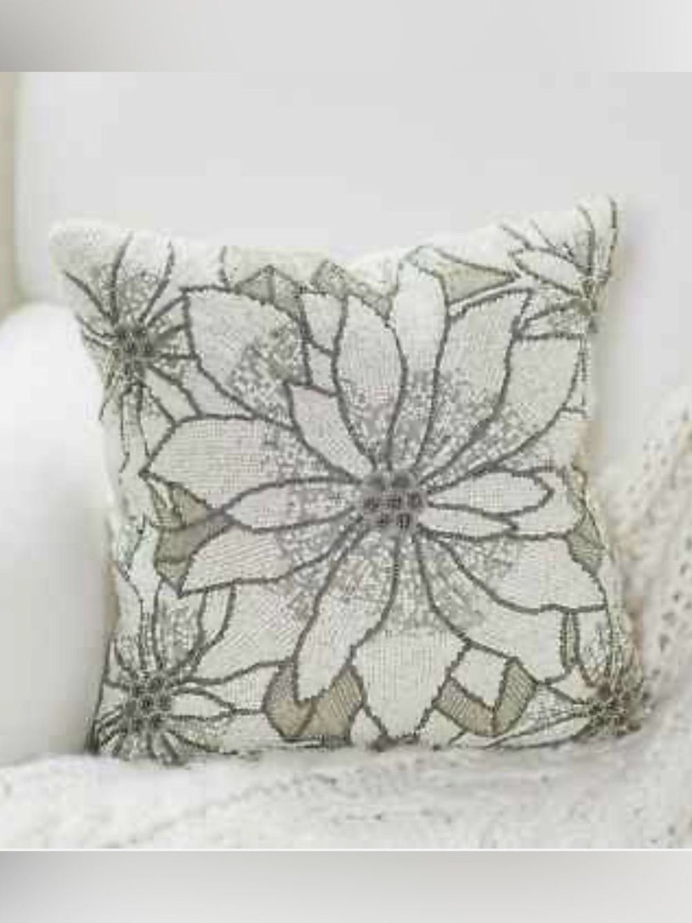 Kringle Express White Silver Beaded Poinsettia Christmas Throw Pillow 14x14